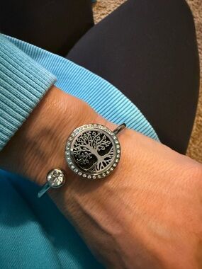 Tree of Life Silver w/ Crystals Bangle Bracelet - Interchangeable diffuser pads